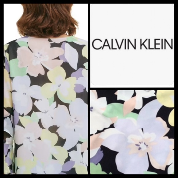 NWOT Calvin Klein Smocked Ruffle Cuff Floral Blouse - Picture 3 of 8